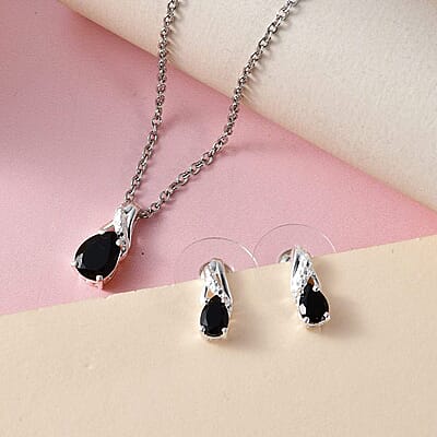Australian Black Tourmaline 2.00 ctw Solitaire Earrings and Pendant in Sterling Silver with Stainless Steel Necklace 20 Inches