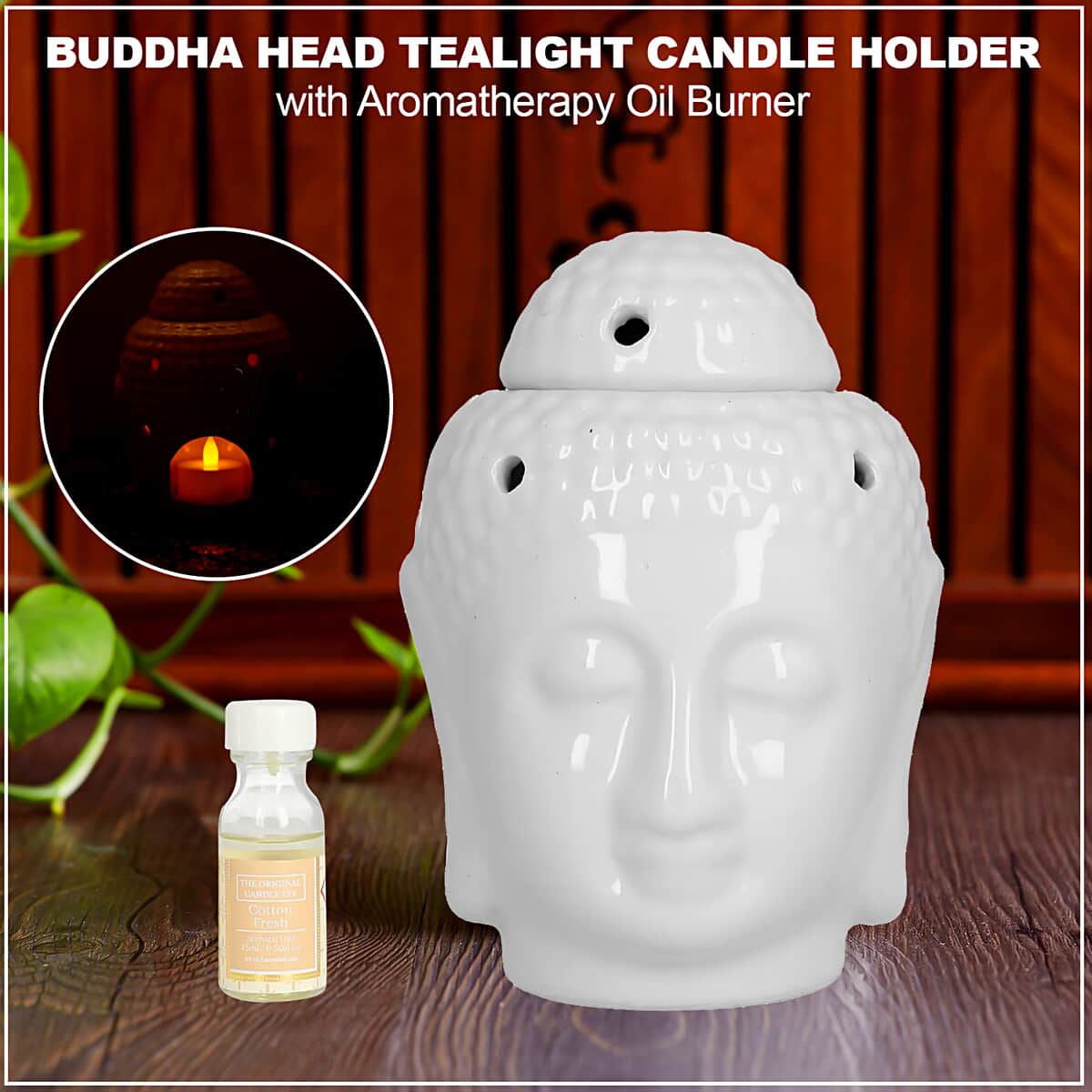 White Ceramic Buddha Head Tealight Candle Holder with Aromatherapy Oil Burner image number 1