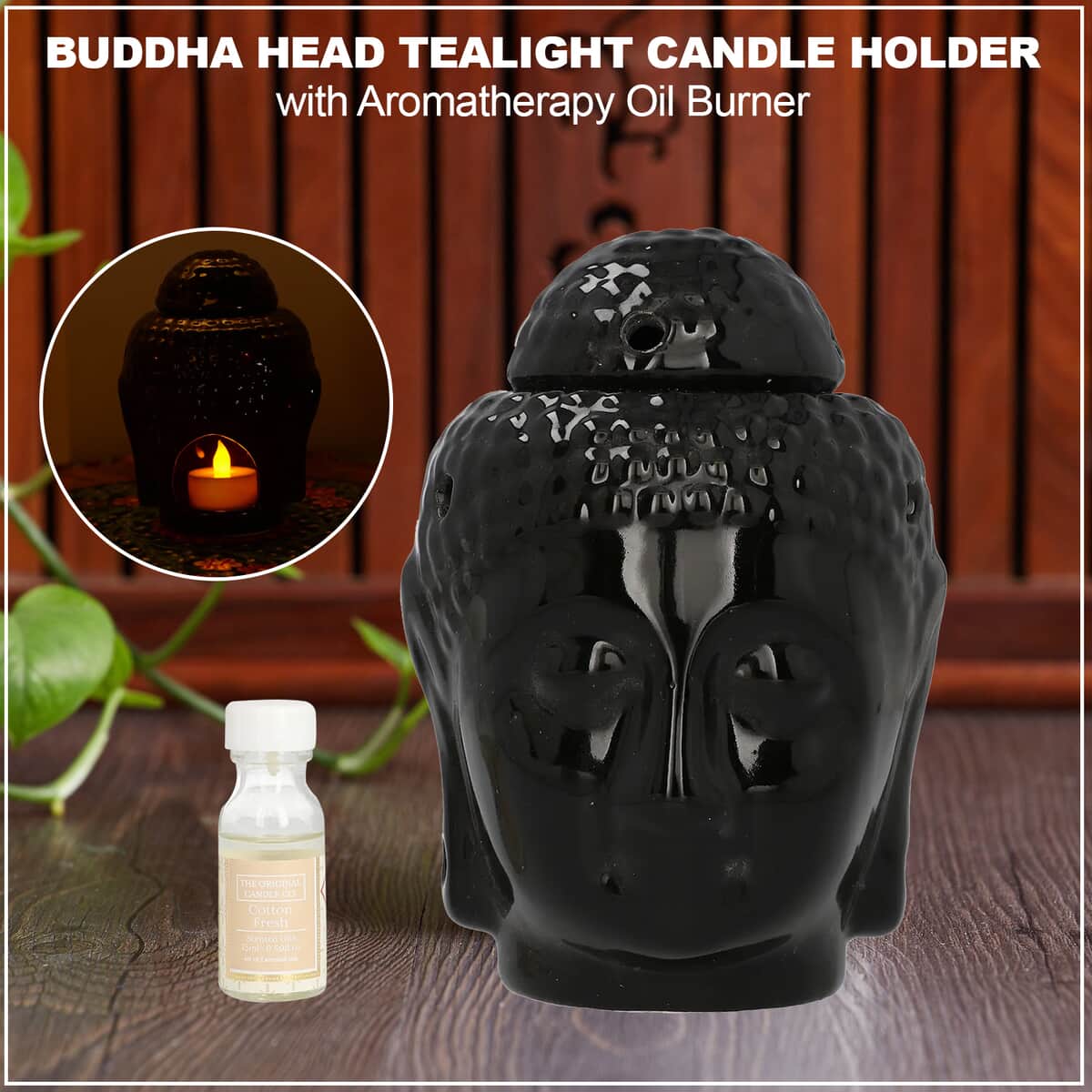 Black Ceramic Buddha Head Tealight Candle Holder with Aromatherapy Oil Burner image number 1