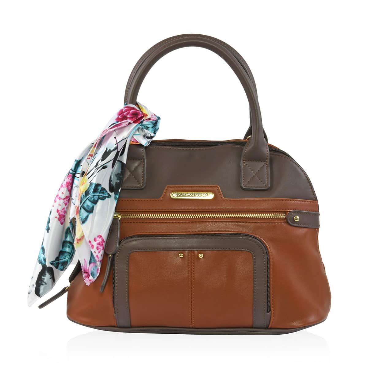 STONE MOUNTAIN Cognac & Brown Leather Satchel Bag for Women with Scarf and Free Power Bank image number 1