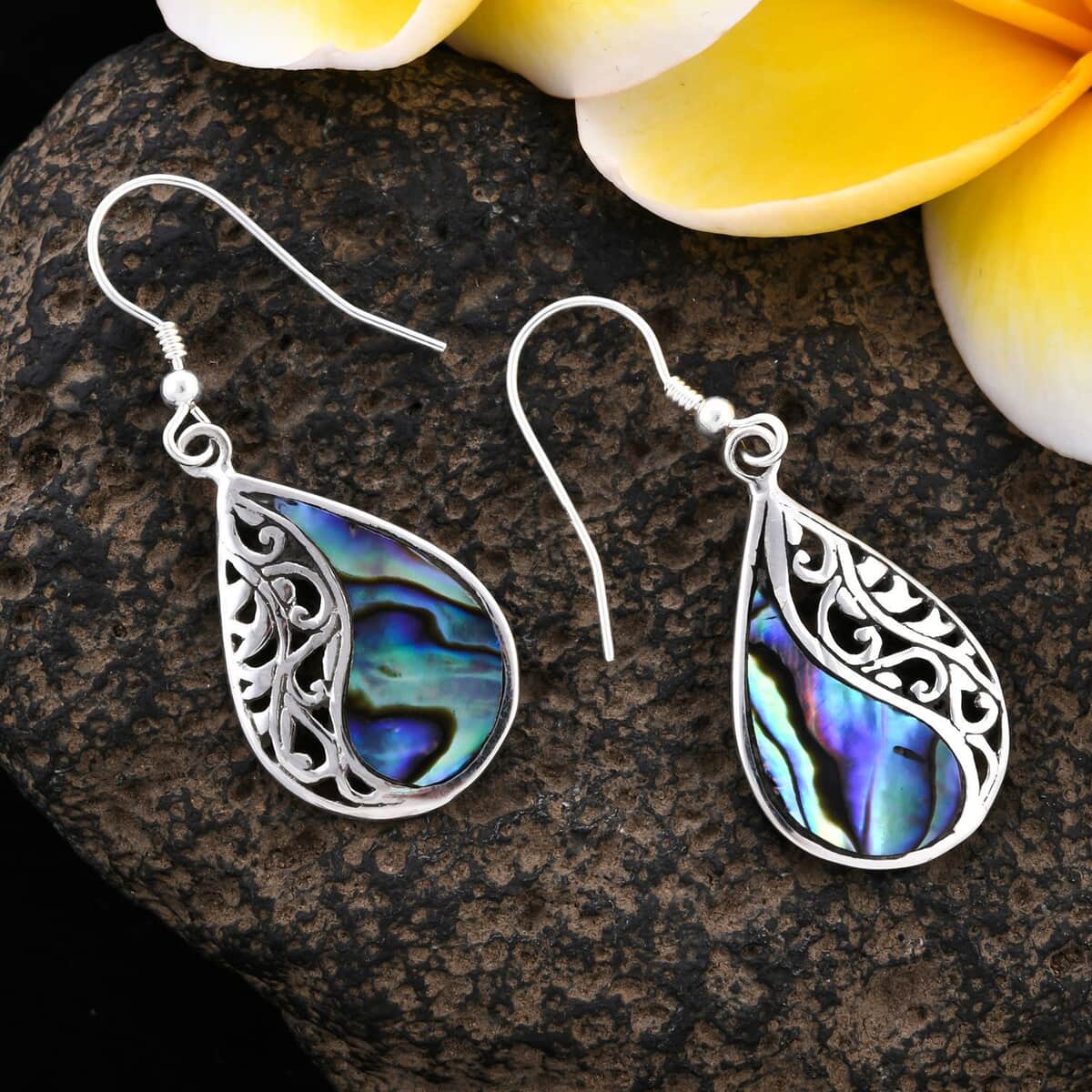 Abalone Shell Filigree Drop Earrings in Sterling Silver image number 1