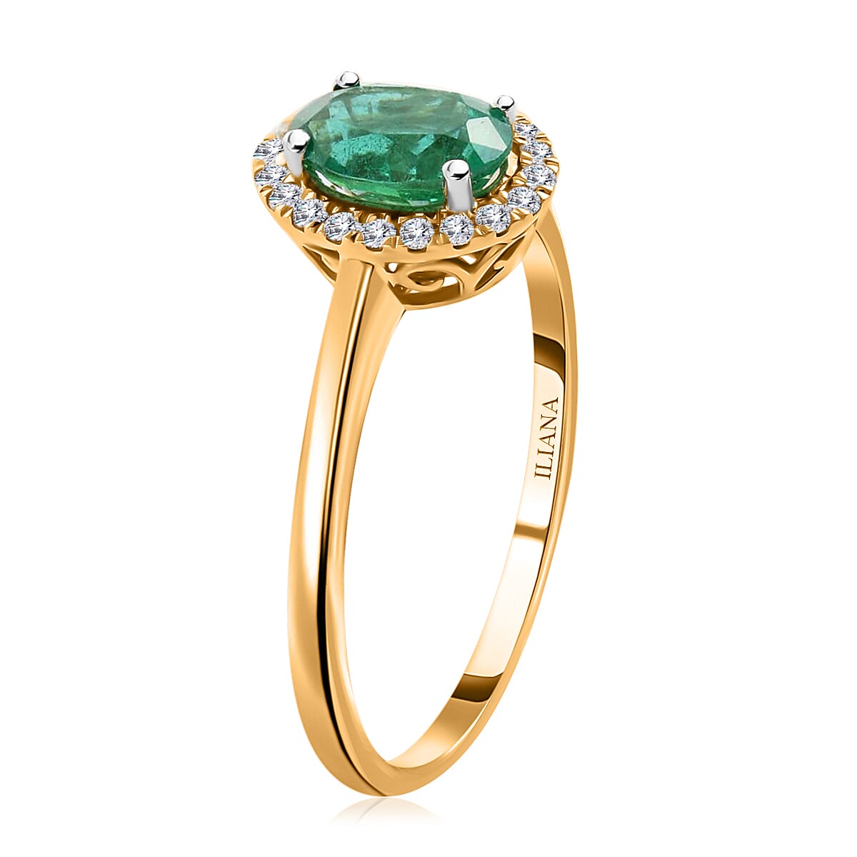 Iliana 18K Yellow Gold AAA Kagem Zambian Emerald and G-H SI Diamond Halo Ring (Size 8.0) 1.40 ctw image number 2