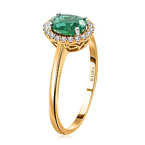 Iliana 18K Yellow Gold AAA Kagem Zambian Emerald and G-H SI Diamond Halo Ring (Size 8.0) 1.40 ctw