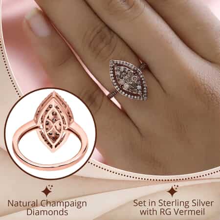 Natural Champagne Diamond Marquise Shape Ring in Rhodium & Vermeil Rose Gold Over Sterling Silver (Size 10.0) 1.00 ctw image number 2