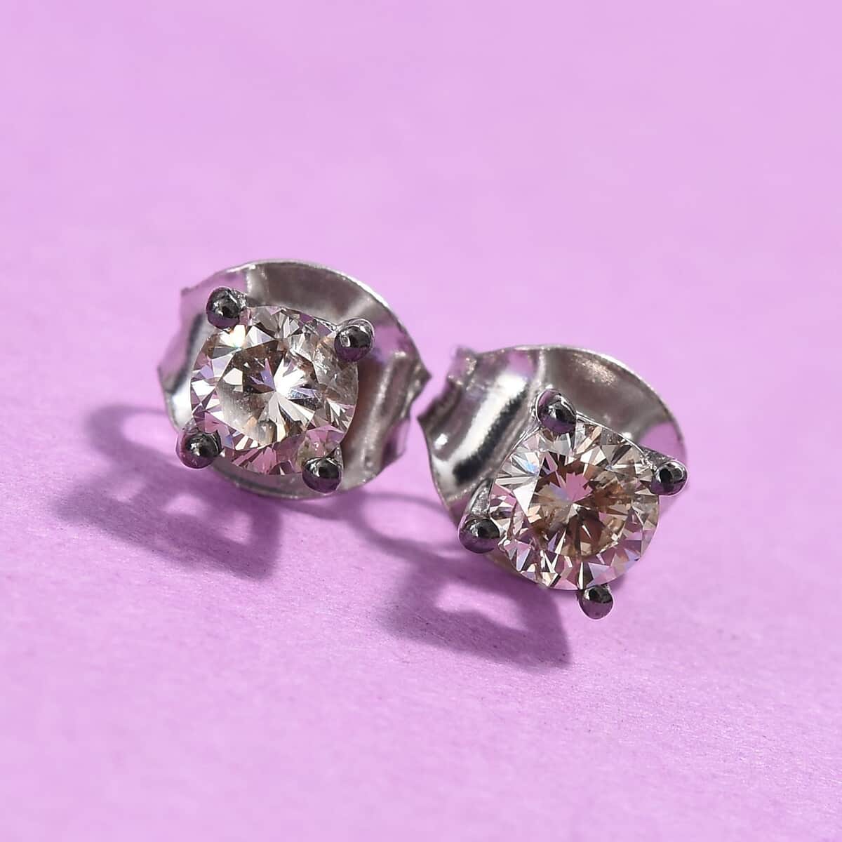 Natural Champagne Diamond Stud Earrings with Push Back in Platinum Over Sterling Silver 0.50 ctw image number 1