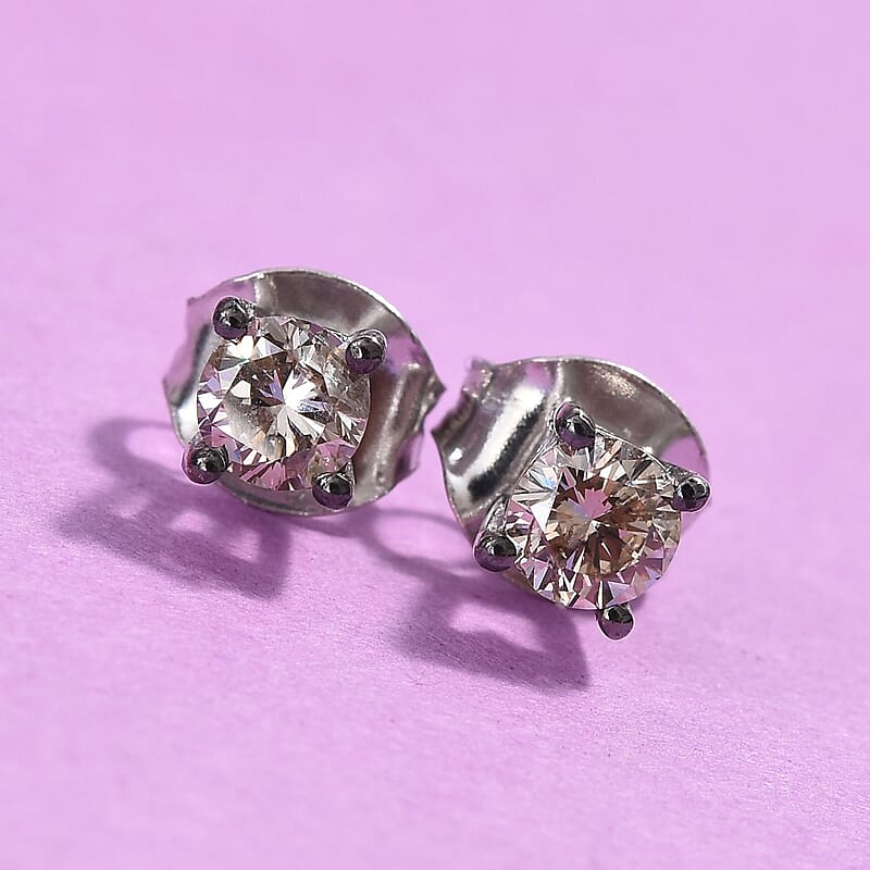 Natural Champagne Diamond Stud Earrings with Push Back in Platinum Over Sterling Silver 0.50 ctw