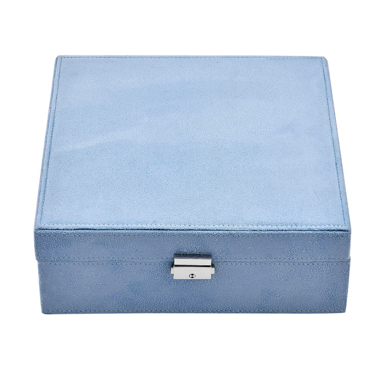 Blue 2 Tier Faux Velvet Multiple Compartment Jewelry Box with Lock and Key