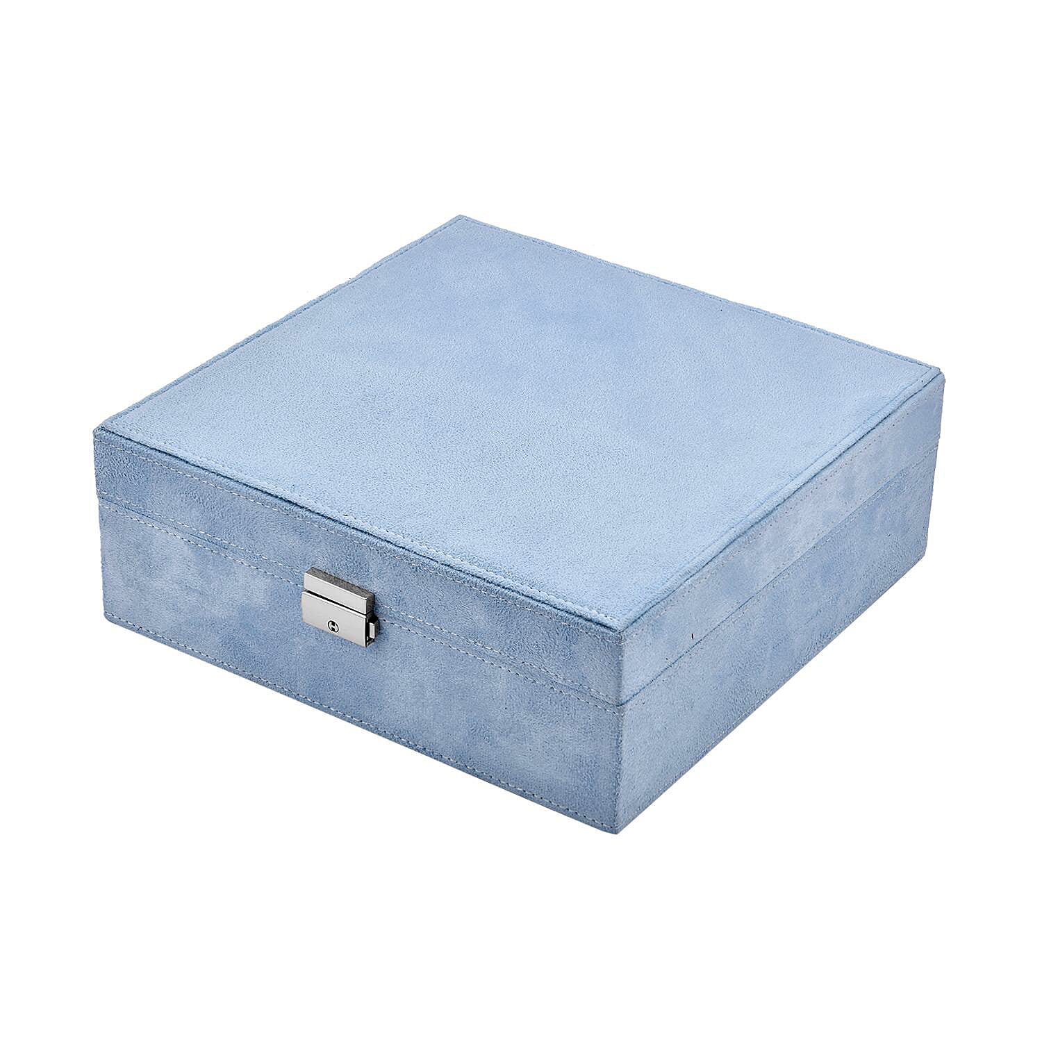 Blue 2 Tier Faux Velvet Multiple Compartment Jewelry Box with Lock and Key