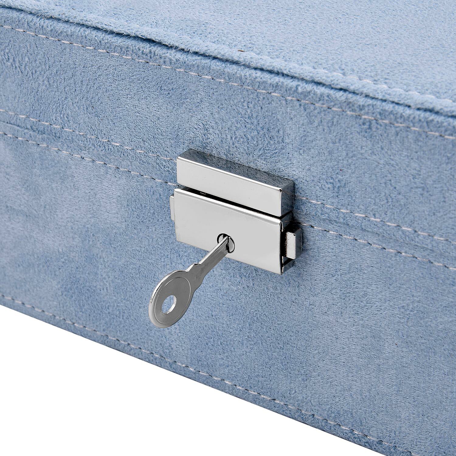 Blue 2 Tier Faux Velvet Multiple Compartment Jewelry Box with Lock and Key