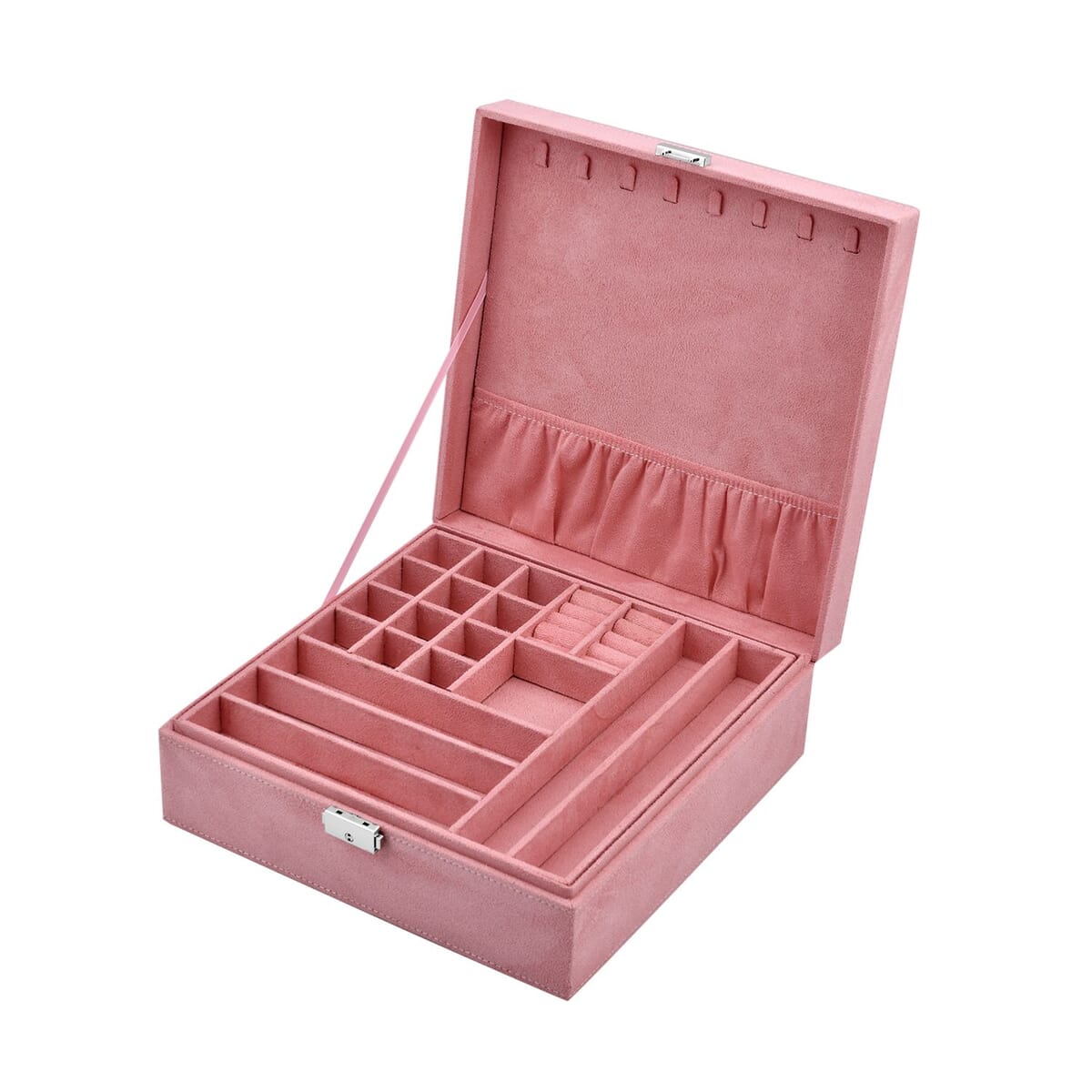 Pink 2 Tier Faux Velvet Multiple Compartment Jewelry Box with Lock and Key image number 0