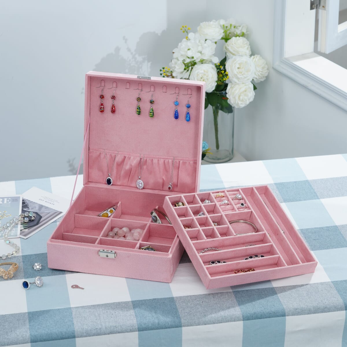 Pink 2 Tier Faux Velvet Multiple Compartment Jewelry Box with Lock and Key image number 1