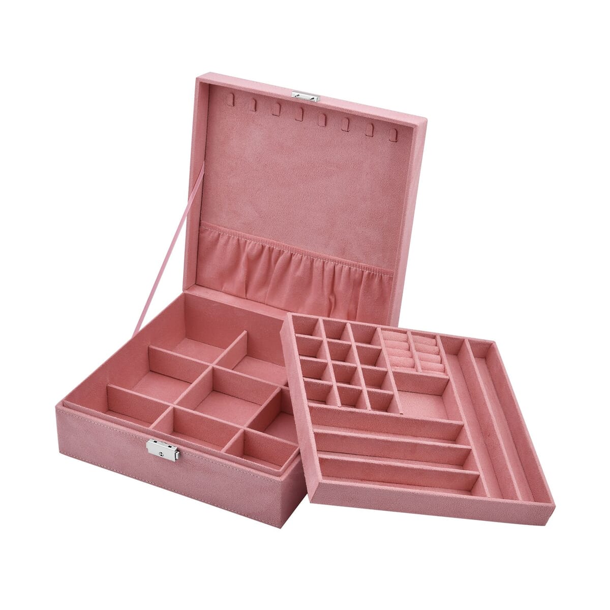 Pink 2 Tier Faux Velvet Multiple Compartment Jewelry Box with Lock and Key image number 5