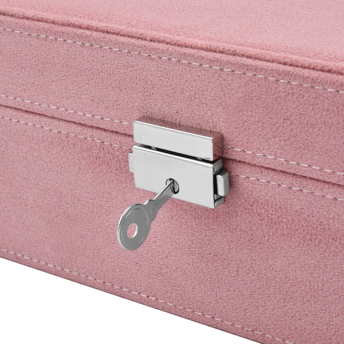 Pink 2 Tier Faux Velvet Multiple Compartment Jewelry Box with Lock and Key image number 6