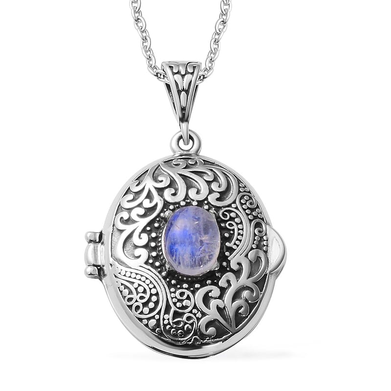 Sri Lankan Silver Moonstone Locket Pendant Necklace in Black Oxidized Stainless Steel 24 Inches