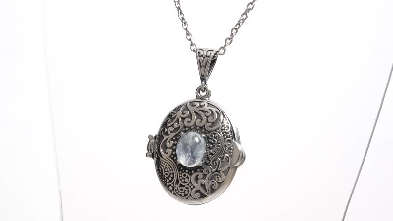 25 ctw White Moonstone Locket Pendant Necklace 24 Inches in Black Oxidized Stainless Steel