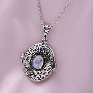 Sri Lankan Silver Moonstone Locket Pendant Necklace in Black Oxidized Stainless Steel 24 Inches