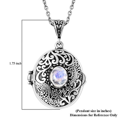 Sri Lankan Silver Moonstone Locket Pendant Necklace in Black Oxidized Stainless Steel 24 Inches