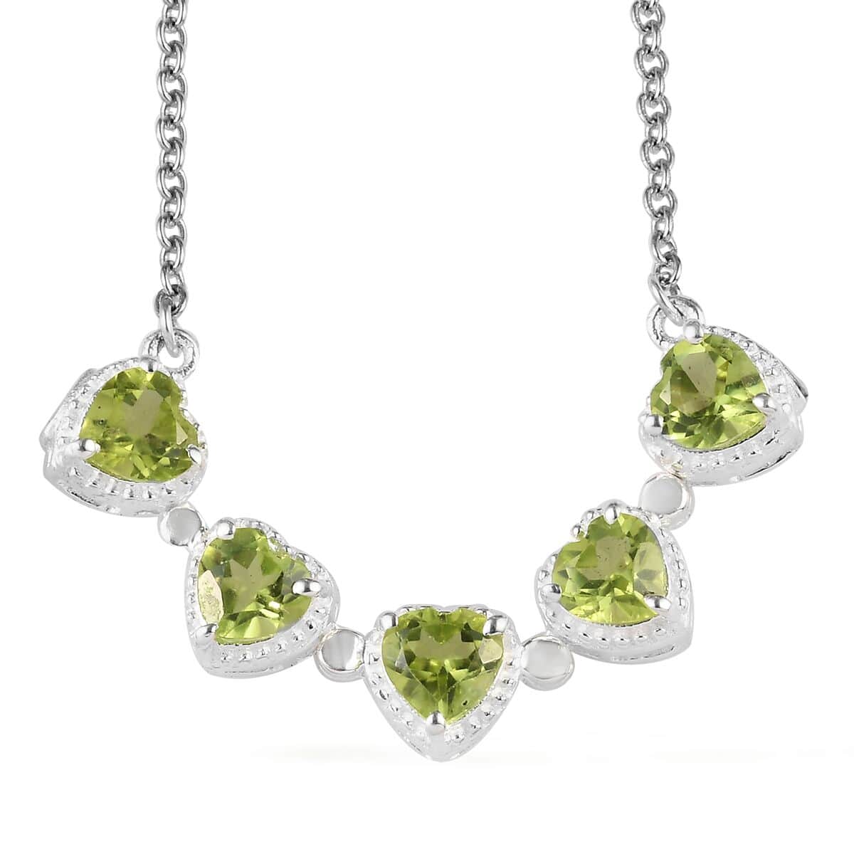 Peridot Heart Shape Openable Necklace 18 Inches in Stainless Steel and Sterling Silver 1.35 ctw image number 3