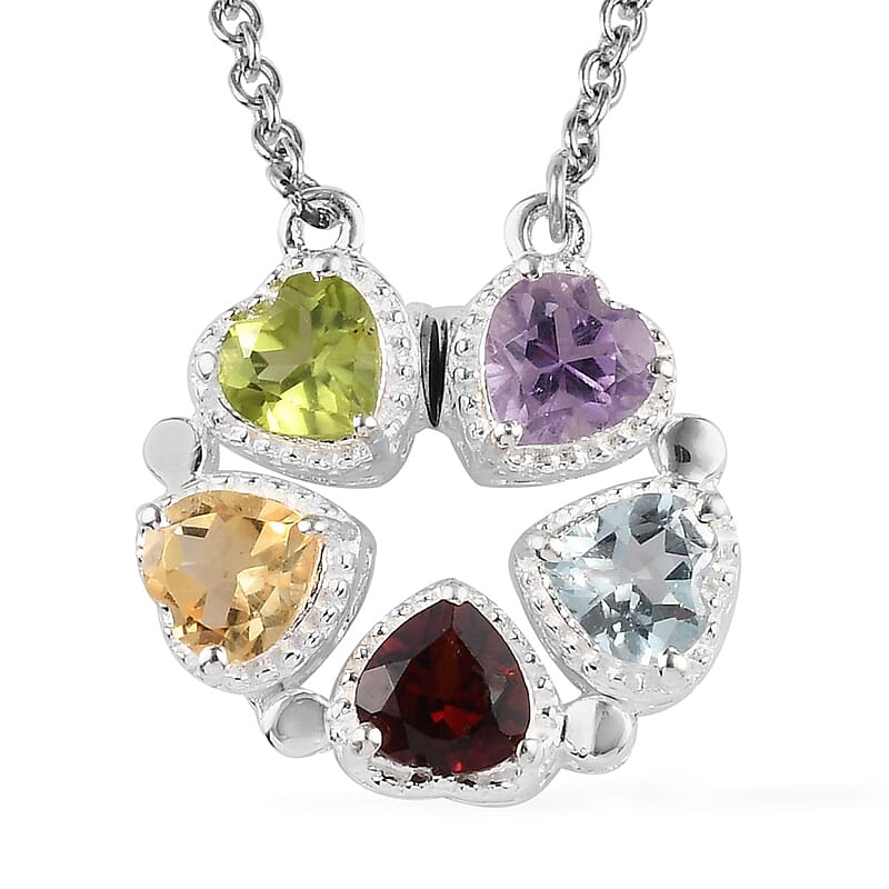 Multi Gemstone Heart Shape Openable Necklace 18 Inches in Stainless Steel and Sterling Silver 1.15 ctw
