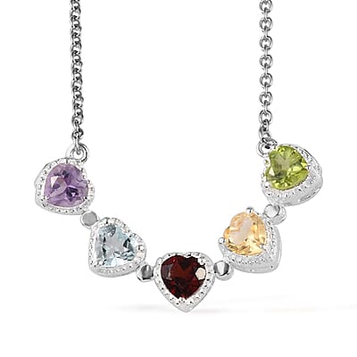 Multi Gemstone Heart Shape Openable Necklace 18 Inches in Stainless Steel and Sterling Silver 1.15 ctw