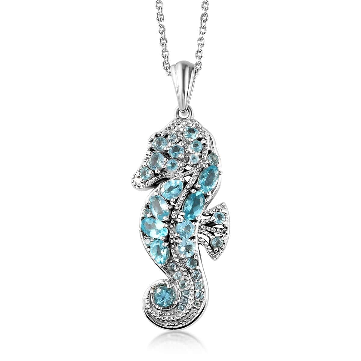 Madagascar Paraiba Apatite Seahorse Pendant Necklace 20 Inches in Platinum Over Sterling Silver 2.80 ctw image number 0