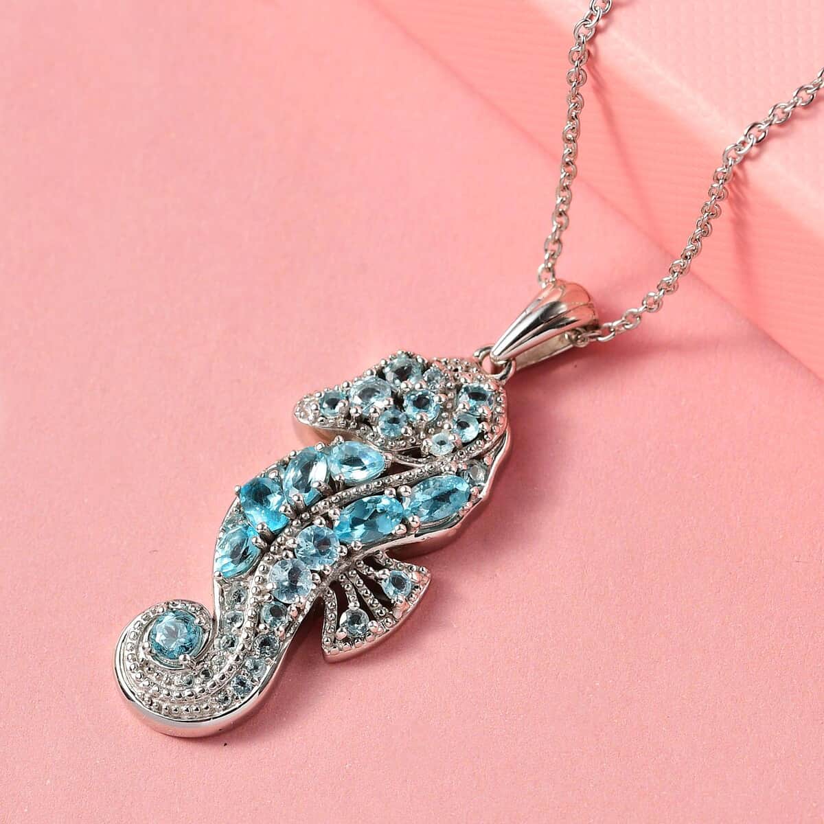 Madagascar Paraiba Apatite Seahorse Pendant Necklace 20 Inches in Platinum Over Sterling Silver 2.80 ctw image number 1