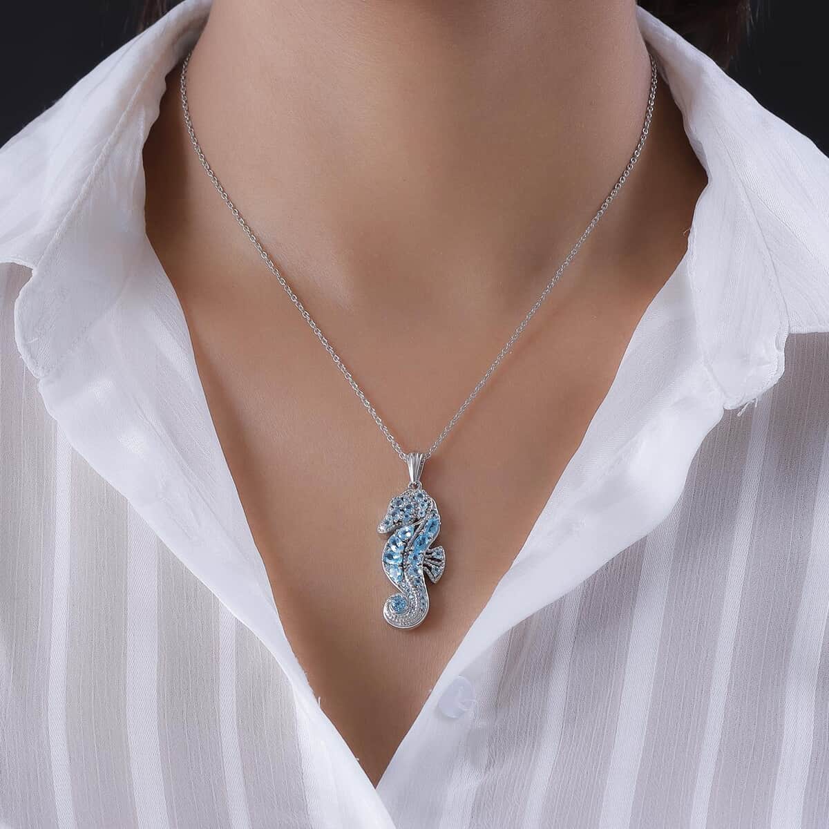 Madagascar Paraiba Apatite Seahorse Pendant Necklace 20 Inches in Platinum Over Sterling Silver 2.80 ctw image number 2