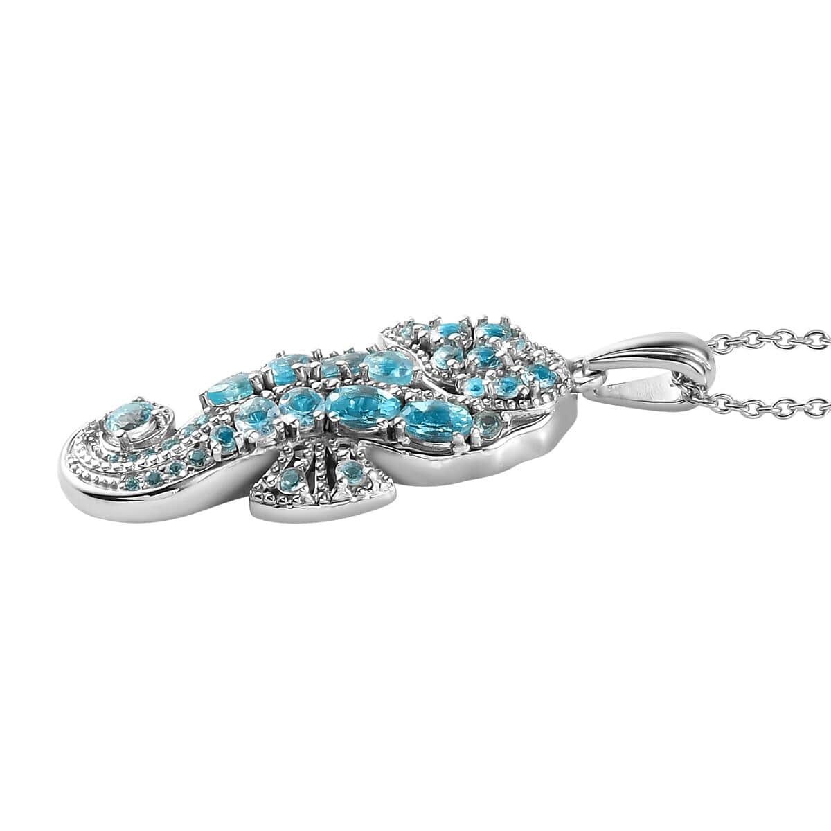 Madagascar Paraiba Apatite Seahorse Pendant Necklace 20 Inches in Platinum Over Sterling Silver 2.80 ctw image number 3