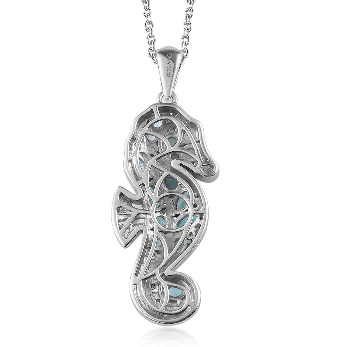 Madagascar Paraiba Apatite Seahorse Pendant Necklace 20 Inches in Platinum Over Sterling Silver 2.80 ctw image number 4