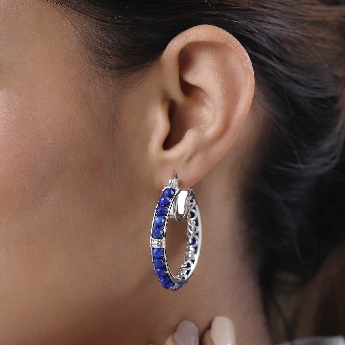 KARIS 18.60 ctw Lapis Lazuli Faceted Hoop Earrings in Platinum Bond image number 2