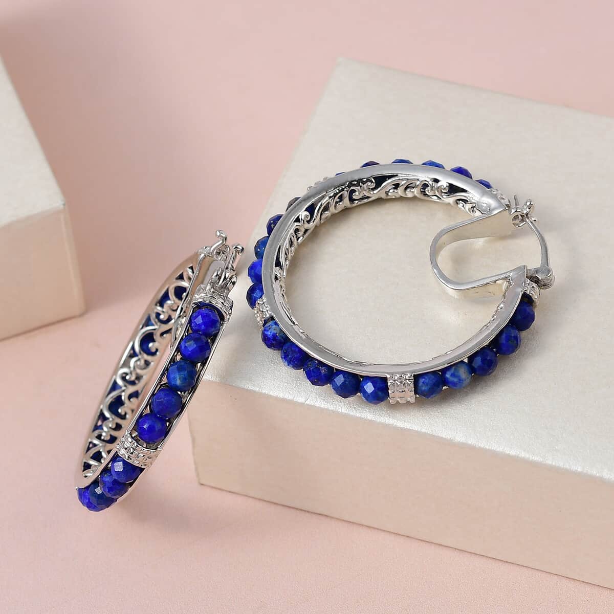 KARIS 18.60 ctw Lapis Lazuli Faceted Hoop Earrings in Platinum Bond image number 3