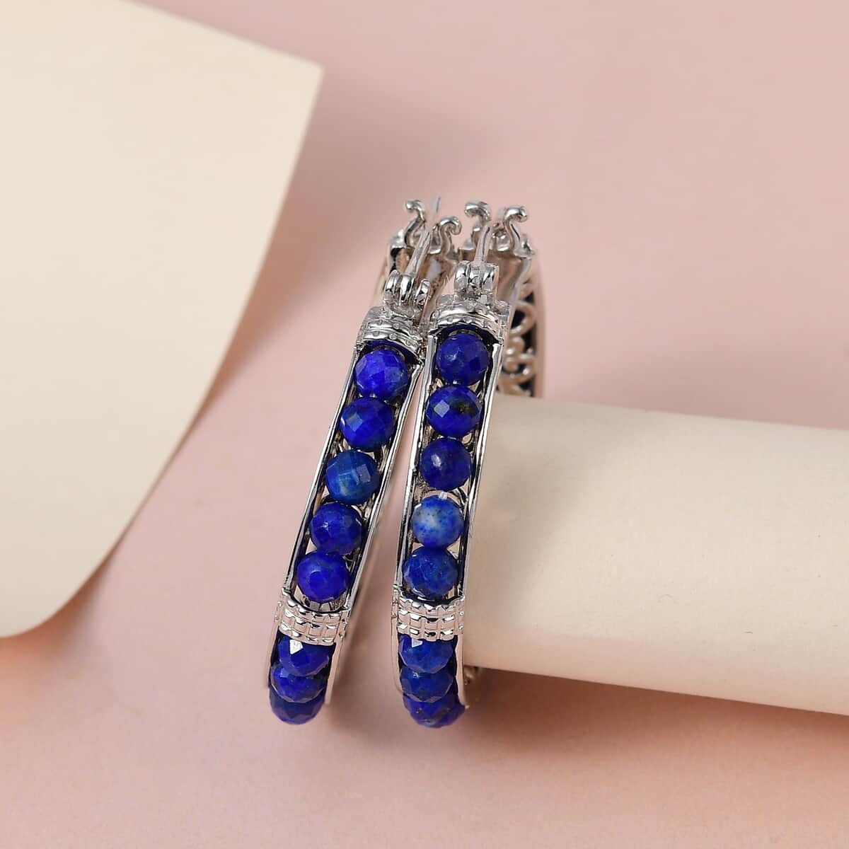 KARIS 18.60 ctw Lapis Lazuli Faceted Hoop Earrings in Platinum Bond image number 4
