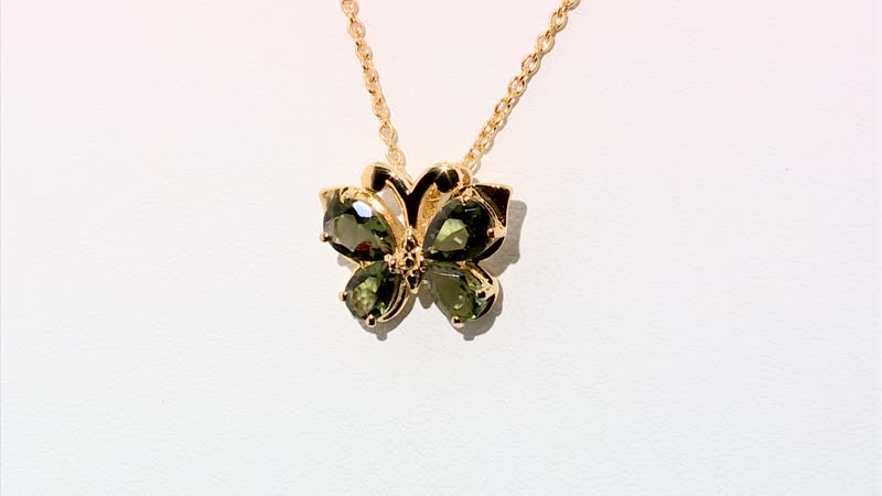 1.80 ctw Bohemian Moldavite Butterfly Pendant Necklace 20 Inches in Vermeil Yellow Gold Over Sterling Silver