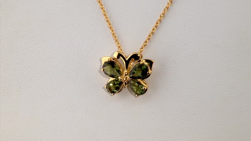 1.80 ctw Bohemian Moldavite Butterfly Pendant Necklace 20 Inches in Vermeil Yellow Gold Over Sterling Silver