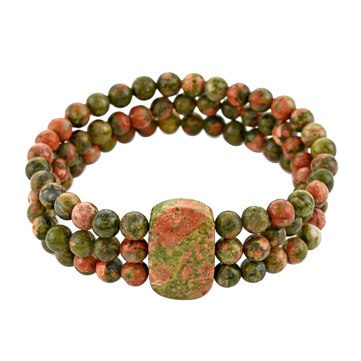 Unakite Triple Strand Beaded Stretch Bracelet 545.00 ctw image number 0