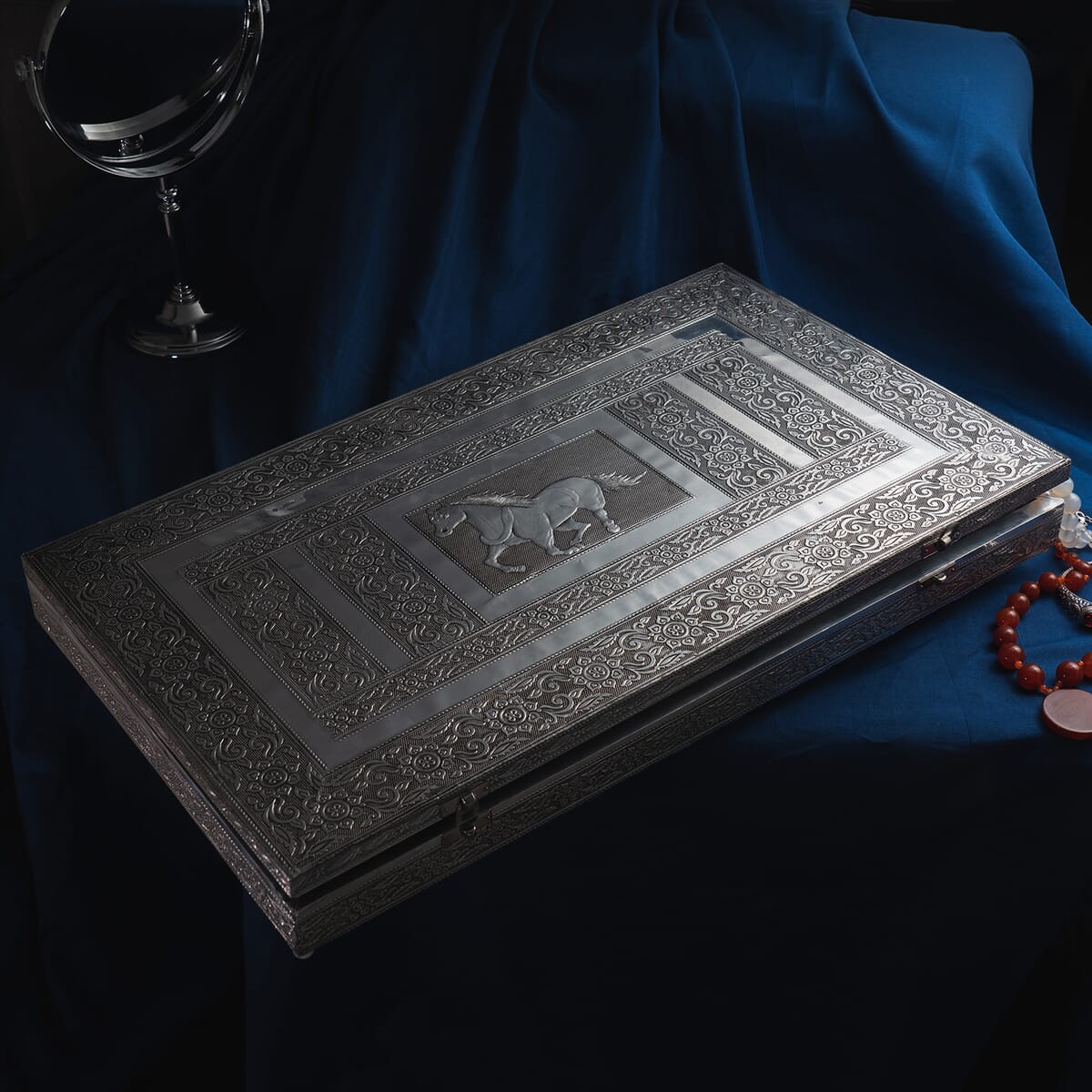 Handcrafted Stallion Embossed Oxidized Aluminum Large Jewelry Box image number 1