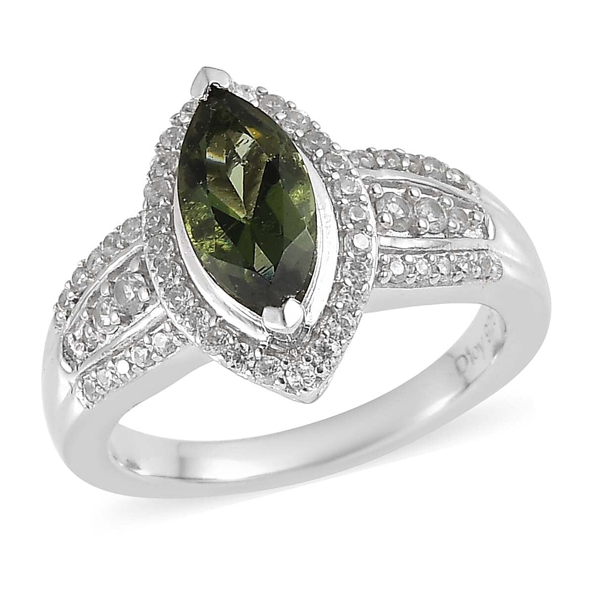 Premium Bohemian Moldavite and White Zircon Ring in Platinum Over Sterling Silver (Size 10.0) 1.35 ctw image number 0