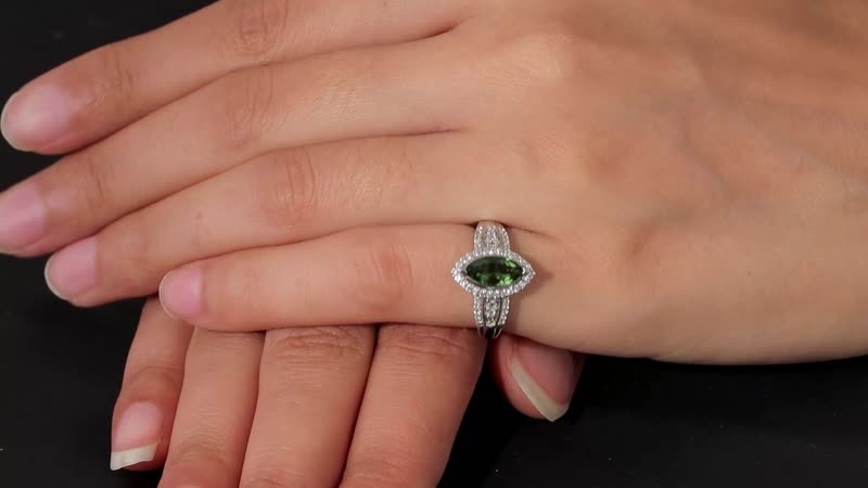 Bohemian Moldavite and Zircon Ring in Platinum Over Sterling Silver 1.40 ctw