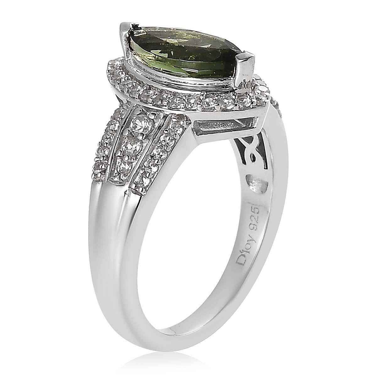 D'Joy Premium Bohemian Moldavite and White Zircon 1.35 ctw Ring in Platinum Over Sterling Silver (Size 10.0)