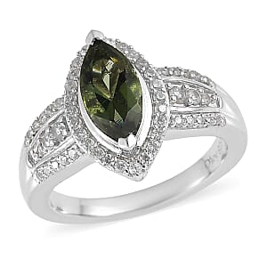 Premium Bohemian Moldavite and White Zircon 1.35 ctw Ring in Platinum Over Sterling Silver (Size 5.0)