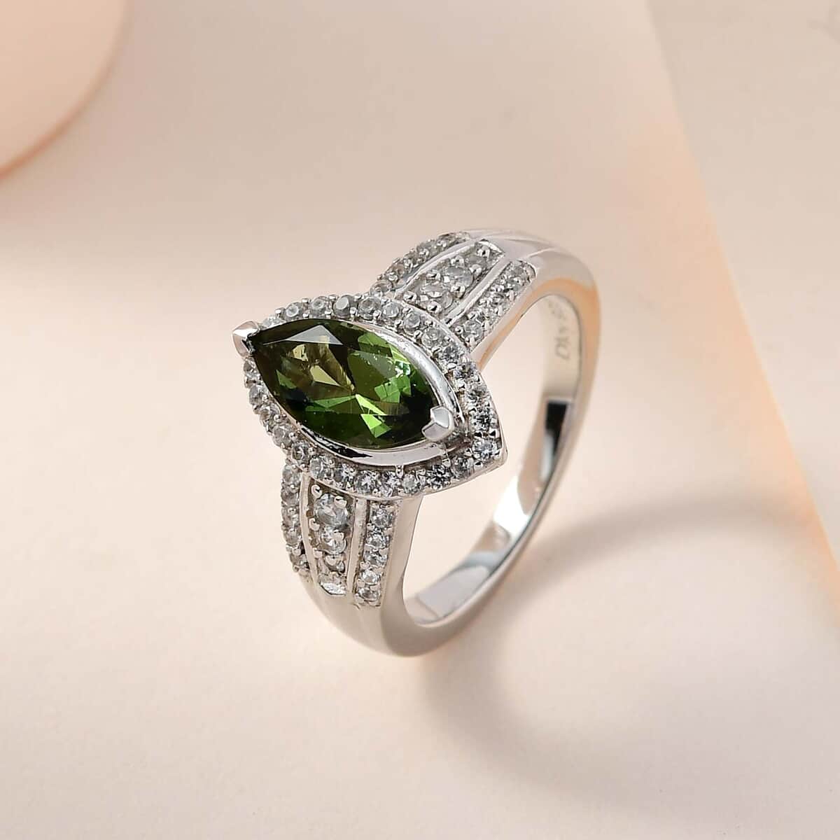 Premium Bohemian Moldavite and White Zircon Ring in Platinum Over Sterling Silver (Size 5.0) 1.35 ctw image number 1