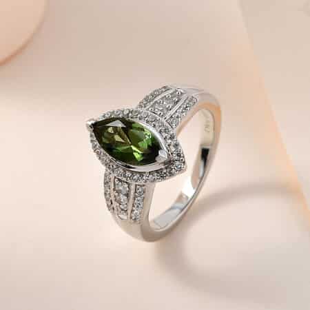 Premium Bohemian Moldavite and White Zircon Ring in Platinum Over Sterling Silver (Size 5.0) 1.35 ctw image number 1