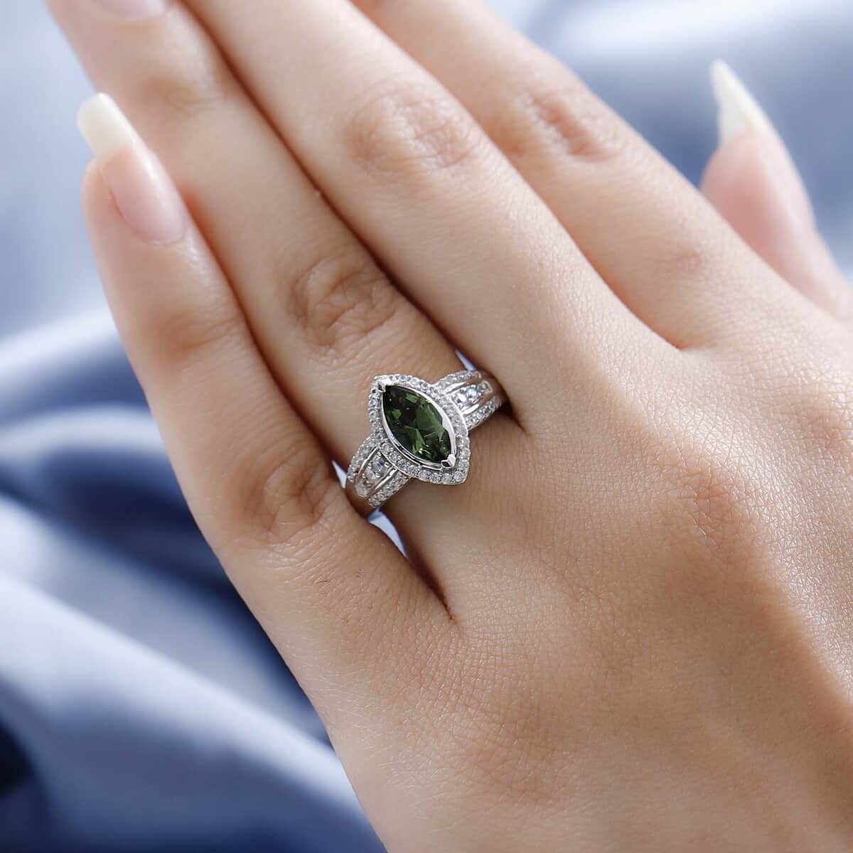 Premium Bohemian Moldavite and White Zircon Ring in Platinum Over Sterling Silver (Size 5.0) 1.35 ctw image number 2
