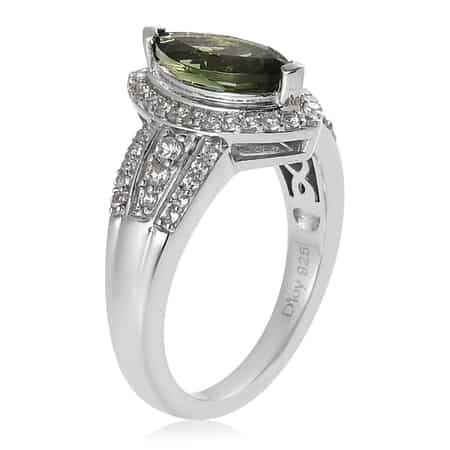 Premium Bohemian Moldavite and White Zircon Ring in Platinum Over Sterling Silver (Size 5.0) 1.35 ctw image number 3