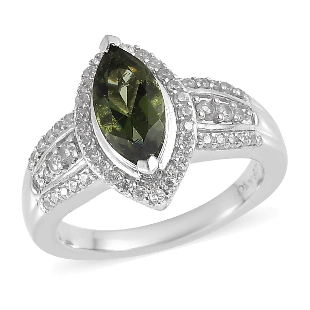 Premium Bohemian Moldavite and White Zircon Ring in Platinum Over Sterling Silver (Size 7.0) 1.35 ctw image number 0