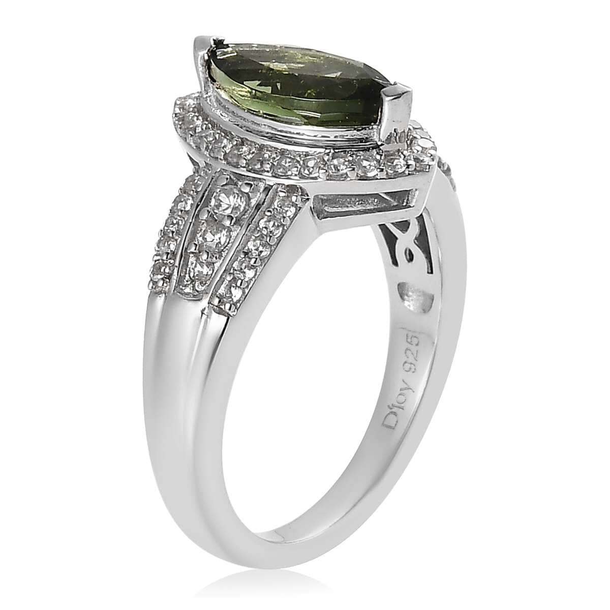 Premium Bohemian Moldavite and White Zircon Ring in Platinum Over Sterling Silver (Size 7.0) 1.35 ctw image number 3