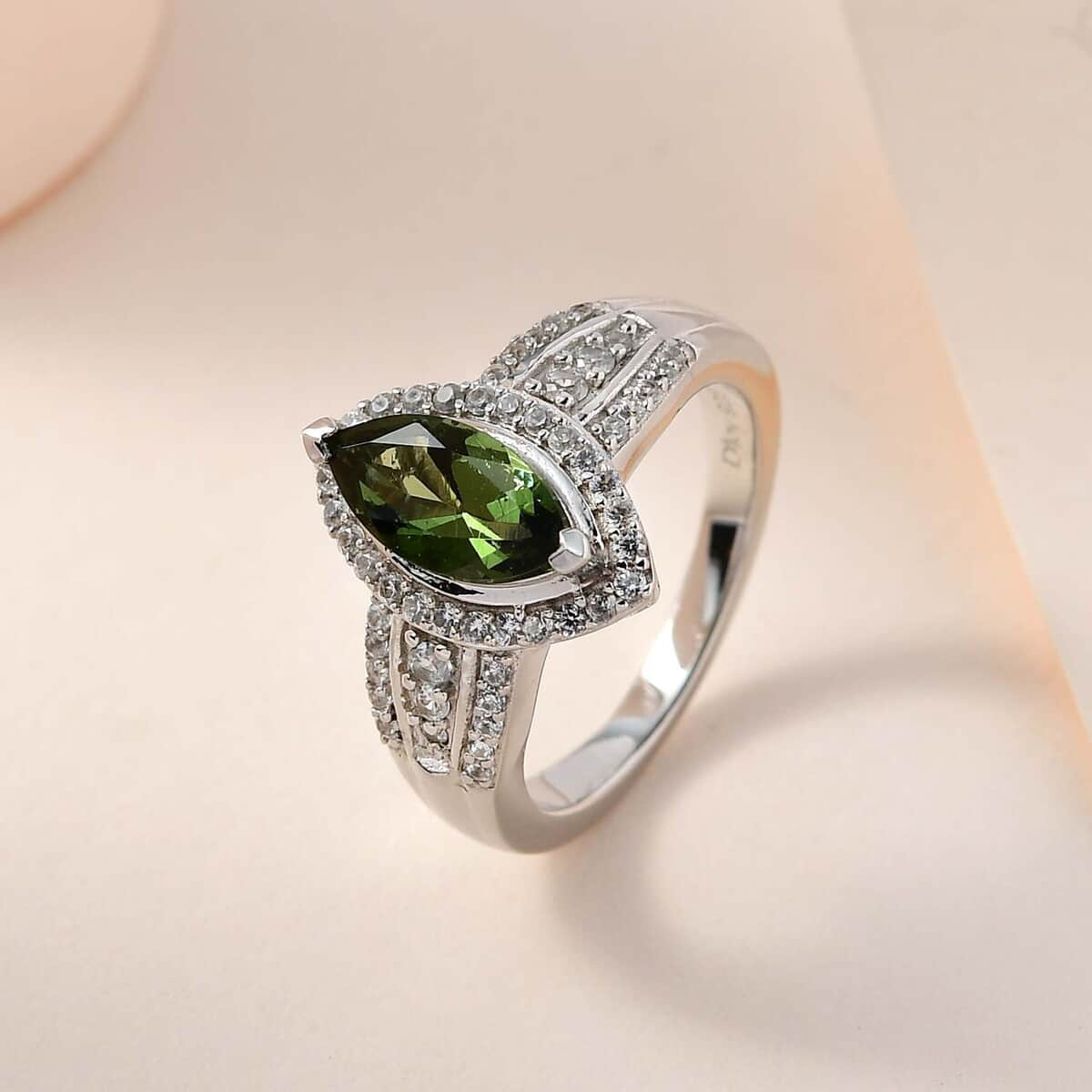 Premium Bohemian Moldavite and White Zircon Ring in Platinum Over Sterling Silver (Size 8.0) 1.35 ctw image number 1