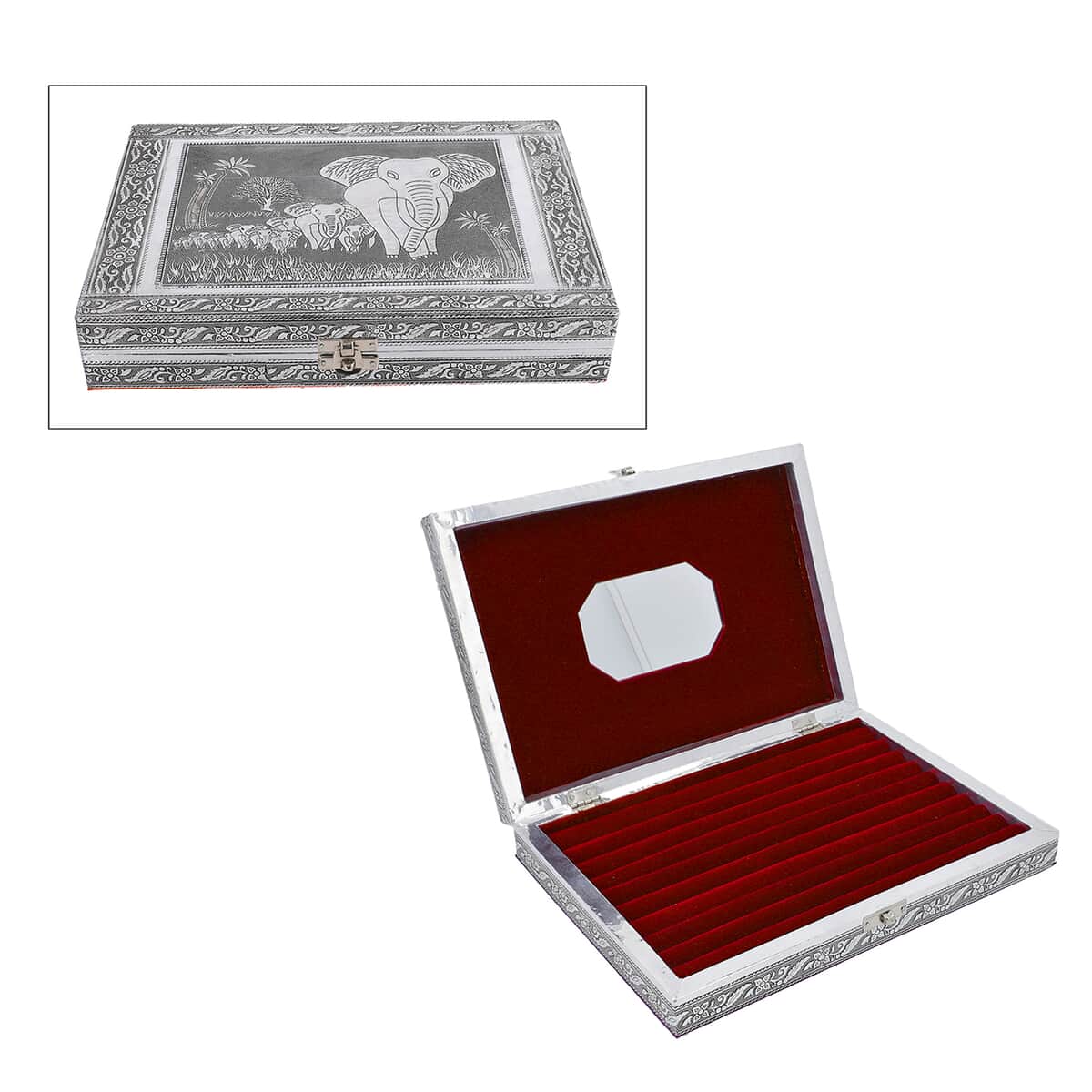 Handcrafted Aluminum Elephant Pattern Jewelry Box with Velvet Interior and Mirror (11x7.7x2) image number 0