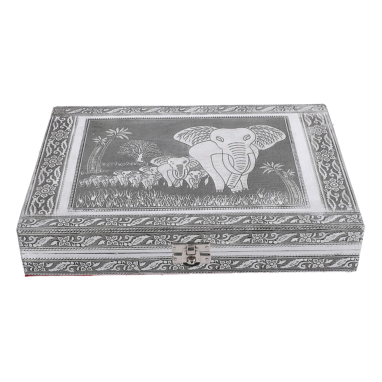 Handcrafted Aluminum Elephant Pattern Jewelry Box with Velvet Interior and Mirror (11x7.7x2)