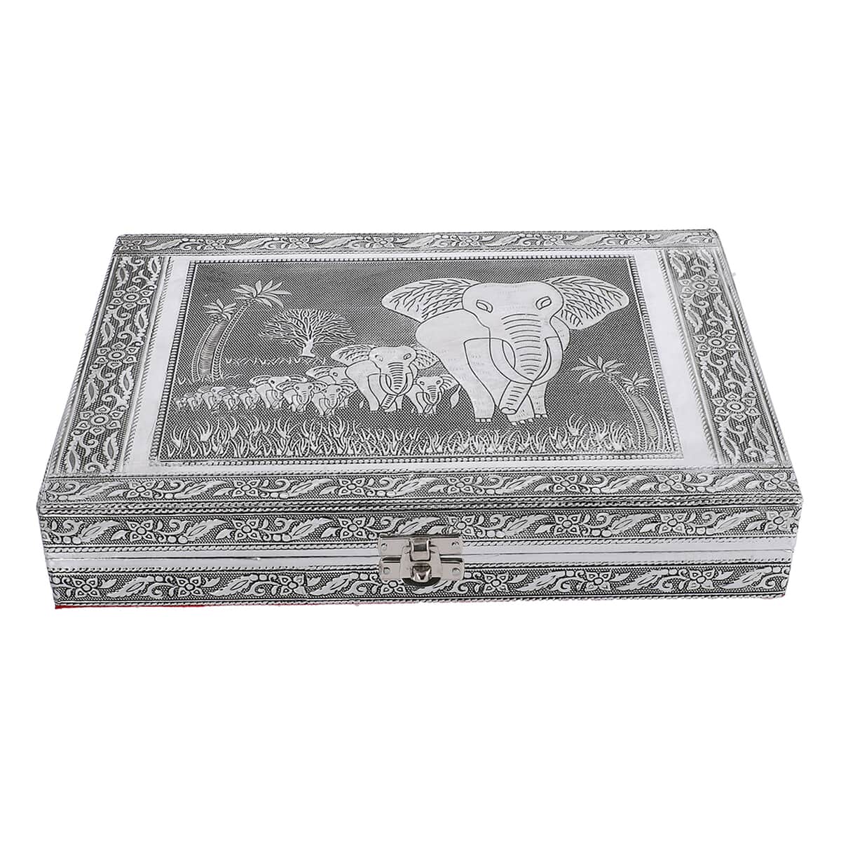 Handcrafted Aluminum Elephant Pattern Jewelry Box with Velvet Interior and Mirror (11x7.7x2) image number 1
